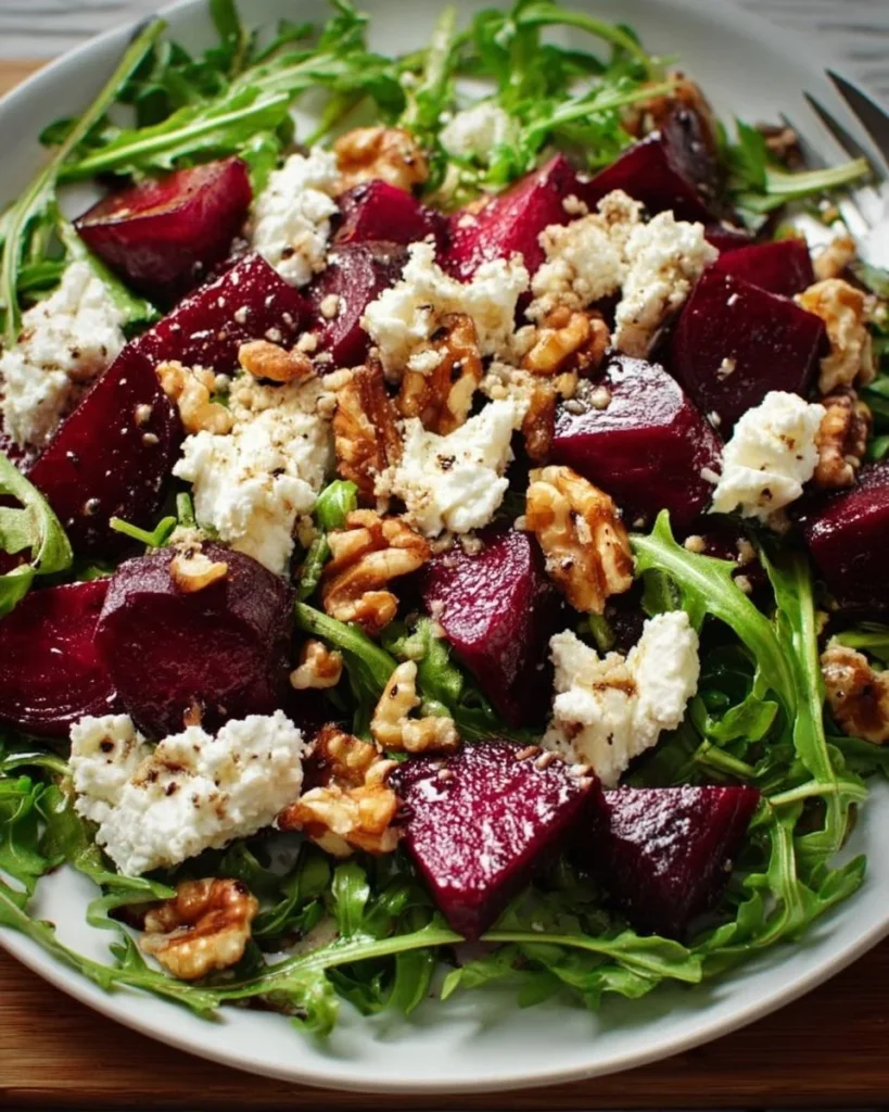 Delicious Beet and Arugula Salad garnished with walnuts and feta cheese
