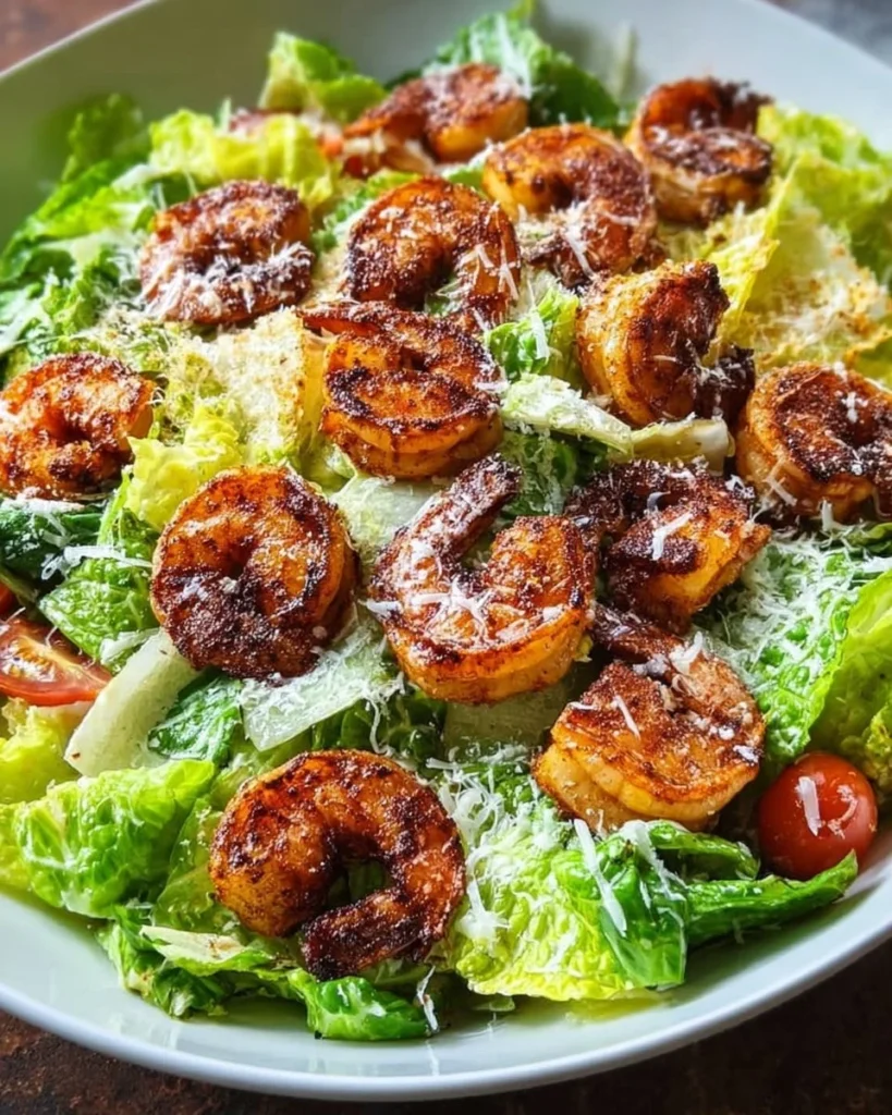 Blackened shrimp caesar salad with fresh greens and creamy dressing