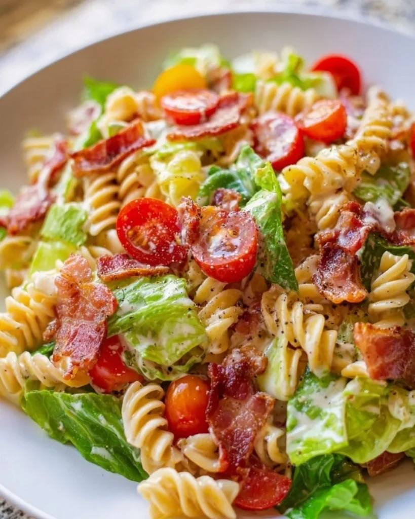 Delicious BLT pasta salad with crispy bacon, fresh lettuce, and ripe tomatoes