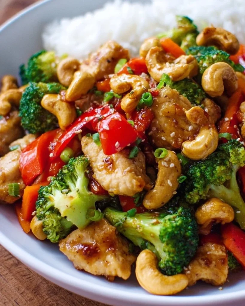 Delicious Chicken and Cashew Stir Fry served with colorful vegetables