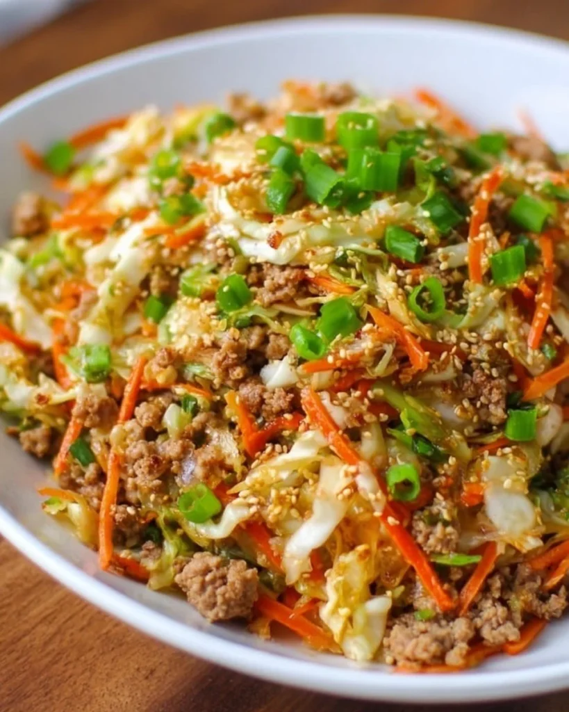 Chicken egg roll bowl with fresh vegetables and tasty sauce.