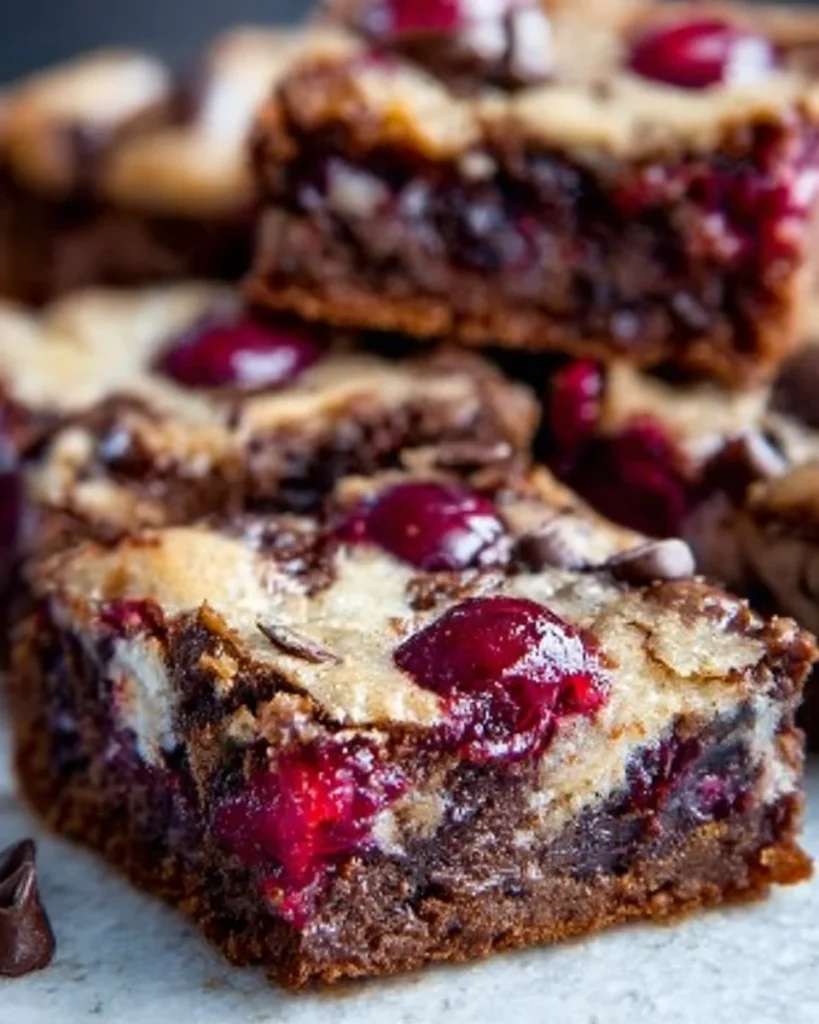 Chocolate Cherry Dessert Squares with chocolate drizzle and cherry topping
