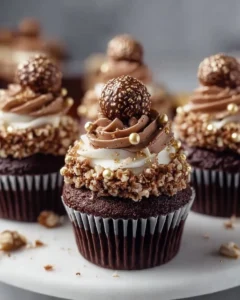 Chocolate hazelnut cupcakes with Nutella buttercream and Ferrero Rocher garnish