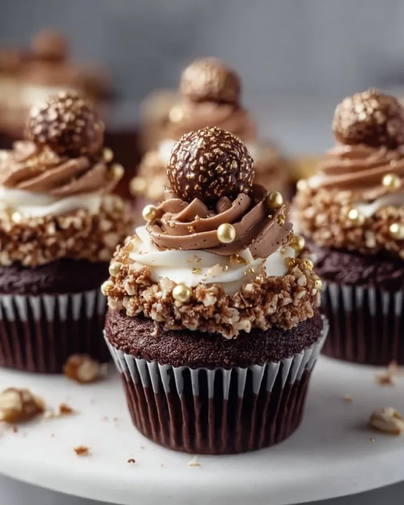 Chocolate hazelnut cupcakes with Nutella buttercream and Ferrero Rocher garnish