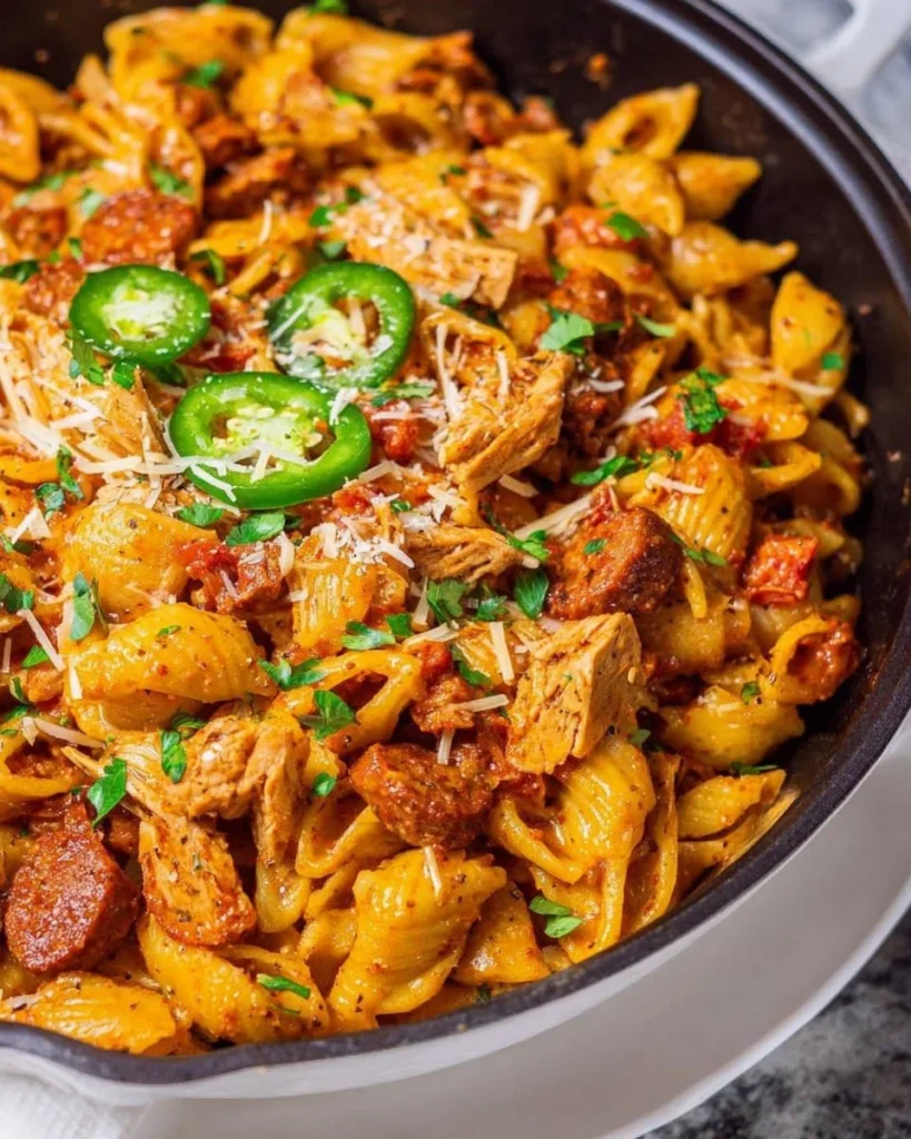 Plate of Chorizo y Pollo Pasta with vibrant colors and herbs garnishing the dish.