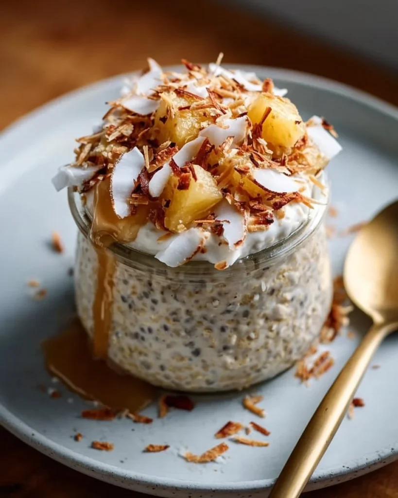 Delicious coconut cream pie overnight oats in a jar with toppings