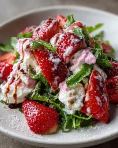 Colorful strawberry salad with mixed greens and vibrant toppings