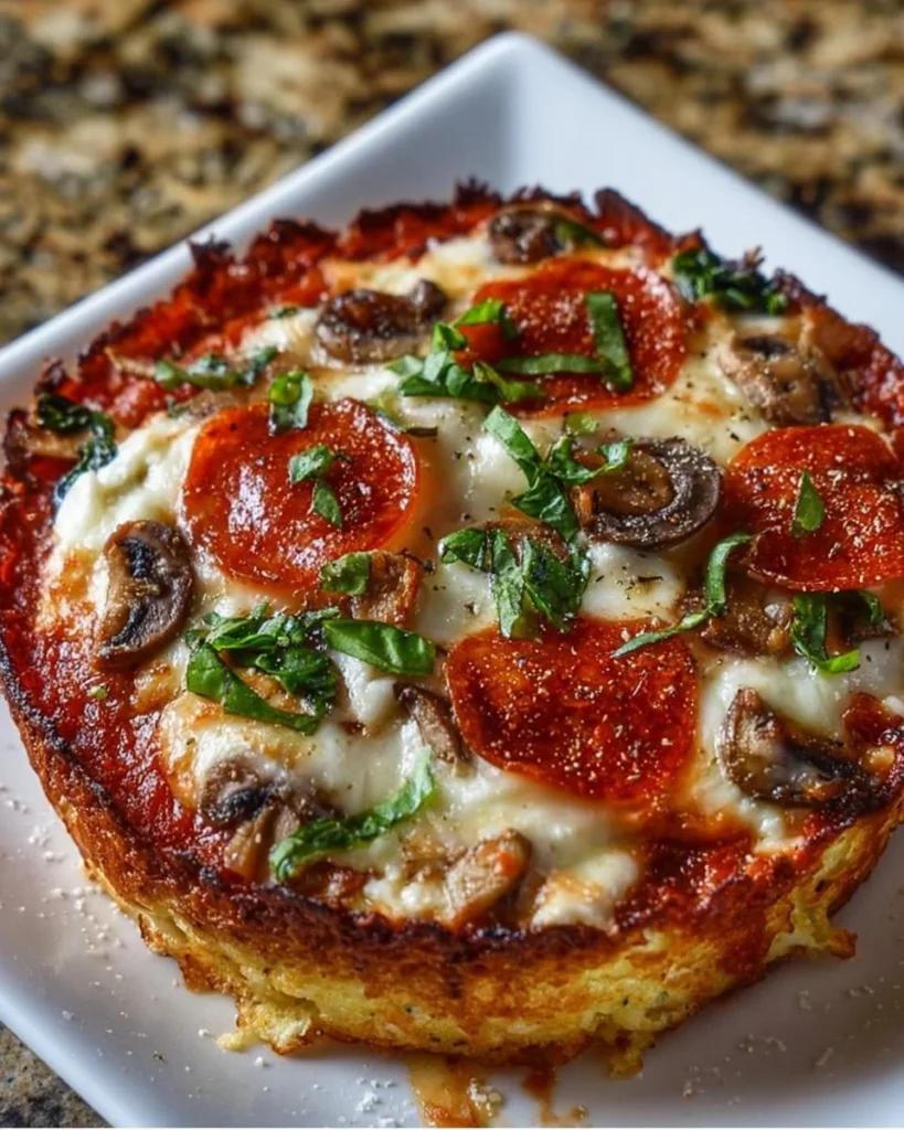 Delicious Cottage Cheese Pizza Bowl topped with fresh ingredients