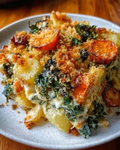 A creamy winter vegetable casserole loaded with seasonal vegetables and cheese.