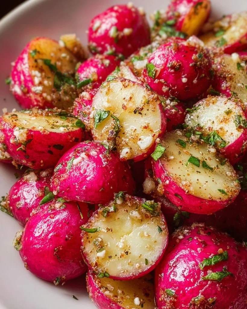 Crispy air fried radishes served in a bowl, garnished with herbs.