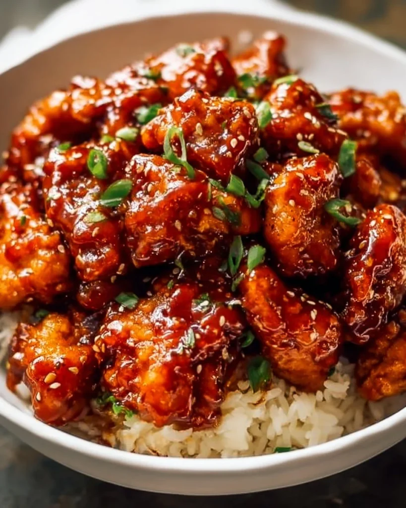 Delicious plate of Easy General Tso's Chicken served with steamed rice and vegetables.