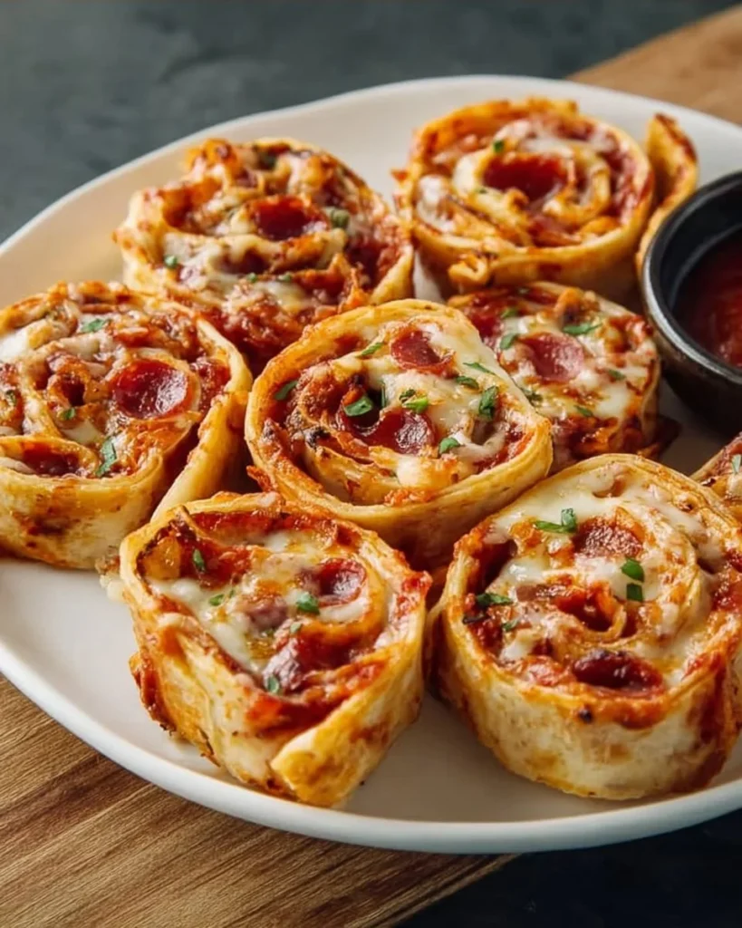 Easy tortilla pizza rolls with cheese and toppings on a plate