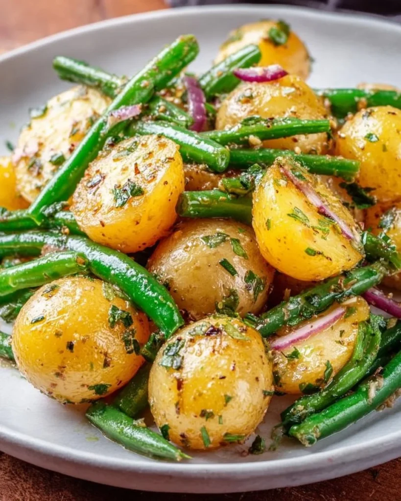 French potato salad with green beans served in a bowl