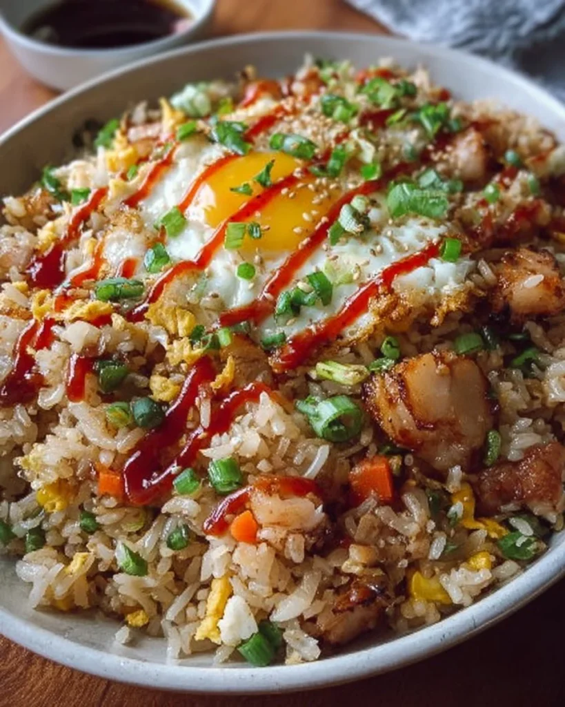Delicious fried rice with Bang Bang Sauce served in a bowl