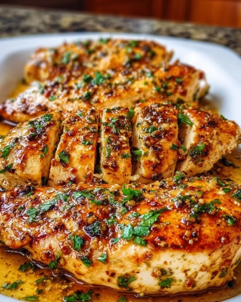 Delicious Garlic Butter Chicken served on a plate with herbs.