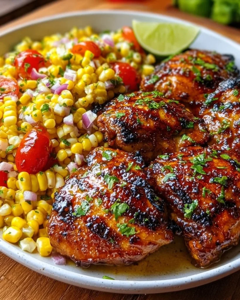 Delicious grilled chicken thighs with hot honey glaze and sweet corn salad