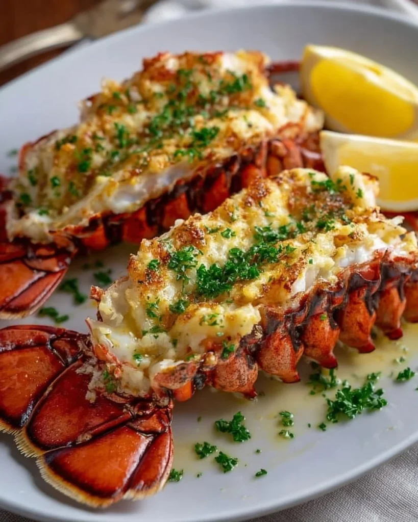 Juicy grilled lobster tails with garlic butter on a barbecue grill.