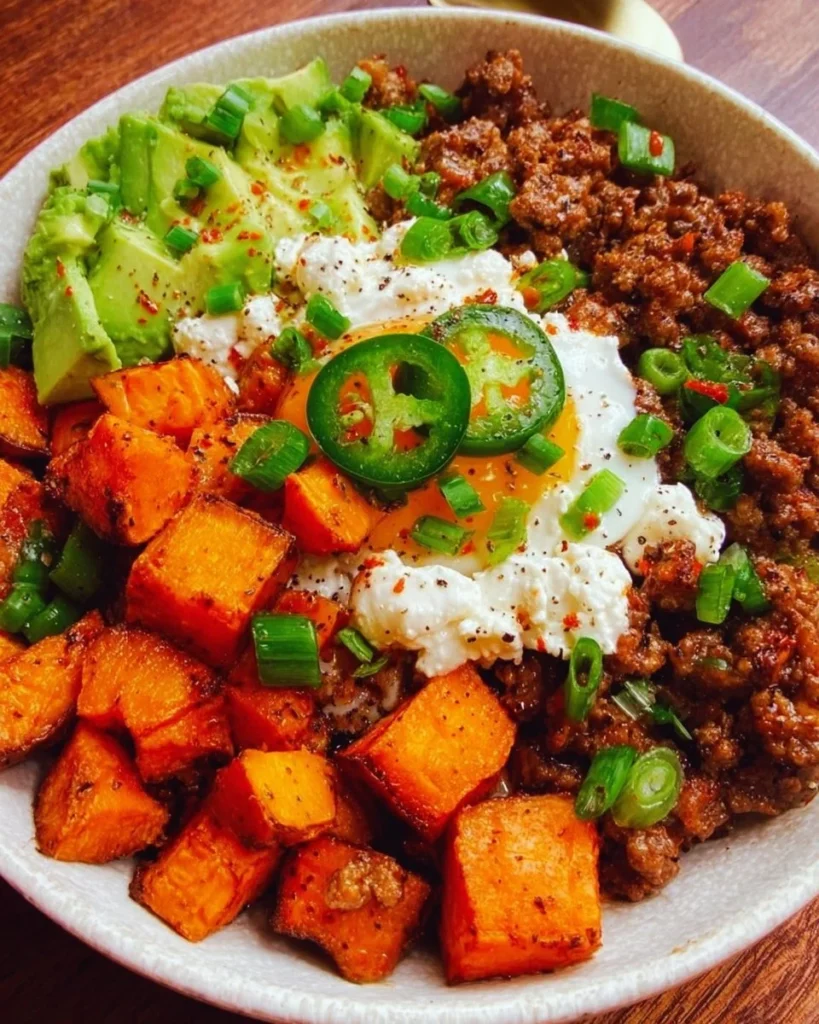 Ground Beef and Sweet Potato Bowl served in a colorful dish