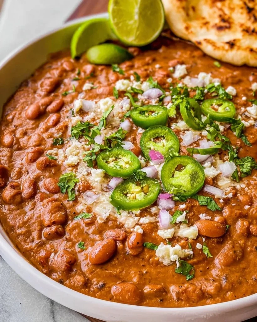 A bowl of creamy Instant Pot refried beans garnished with cilantro