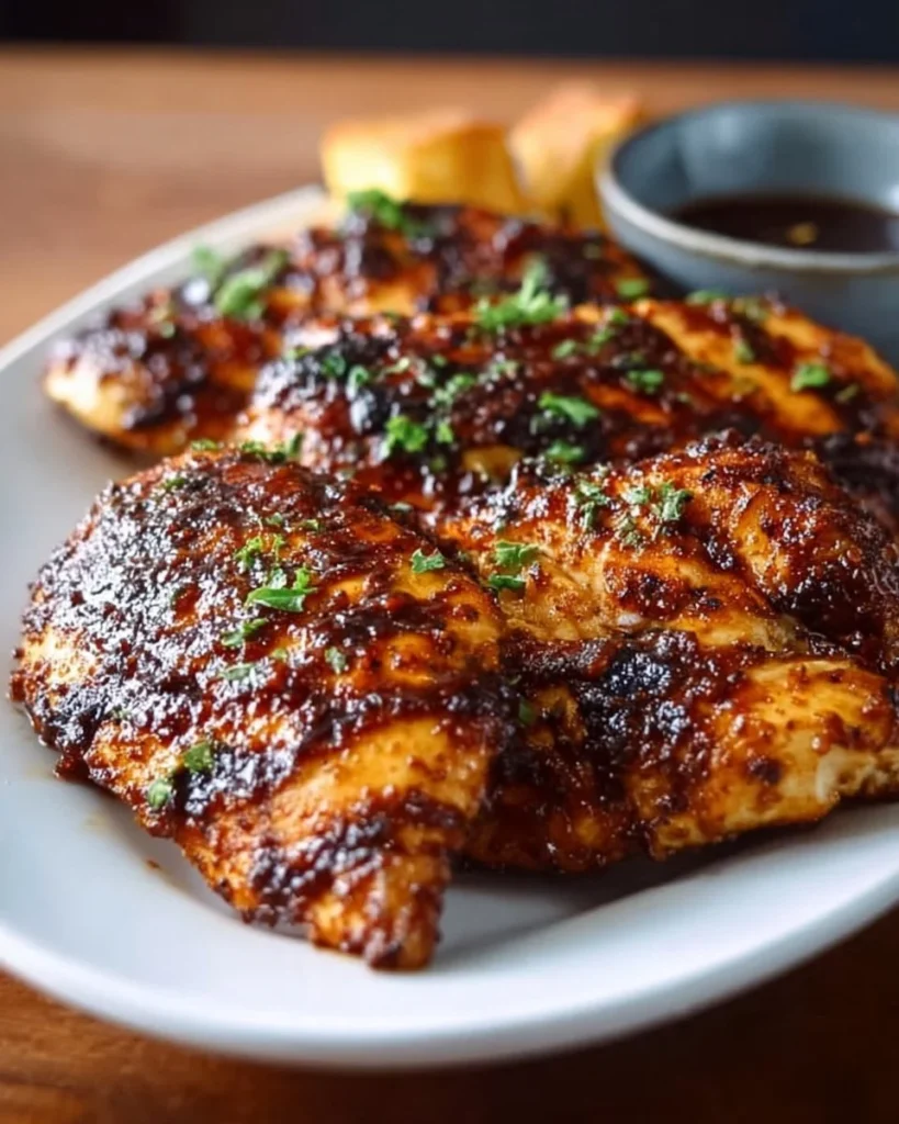 Juicy BBQ chicken served on a grill plate with vibrant sides