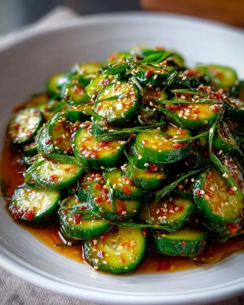 Bowl of Korean Cucumber Salad with sesame seeds and chili pepper flakes