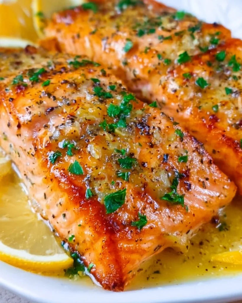 Lemon Butter Garlic Salmon served on a plate garnished with lemon slices and herbs