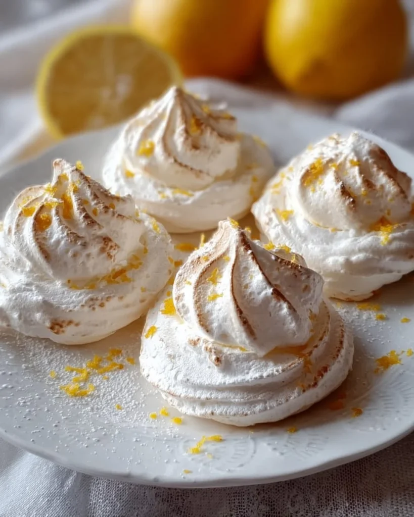 Plate of homemade lemon meringue cookies with a glossy meringue top