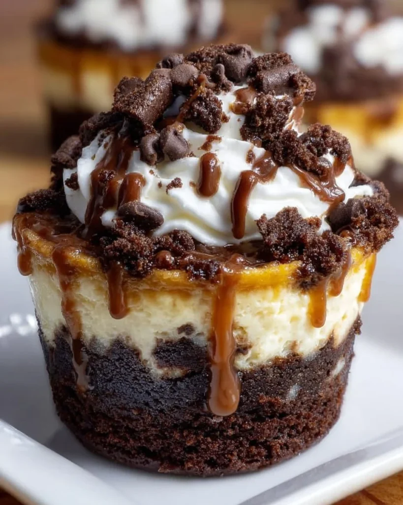 Loaded Brownie Cheesecake Cups with rich chocolate and creamy cheesecake layers