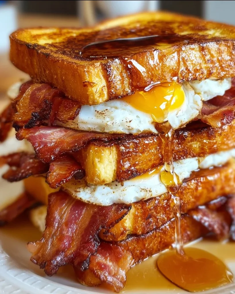 Delicious Maple Bacon French Toast topped with syrup and crispy bacon.