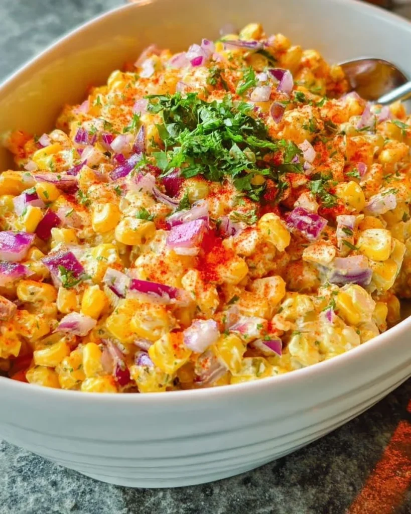 Mexican corn slaw served in a bowl with fresh ingredients