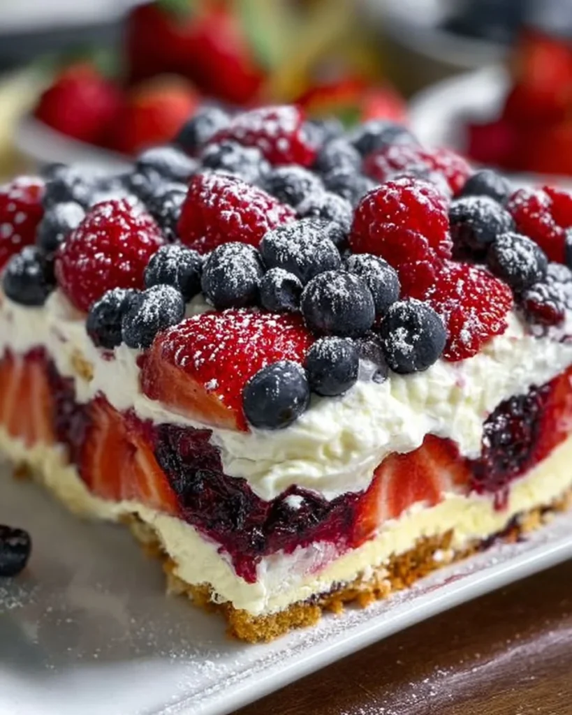 No Bake Summer Berry Lasagna layered with fresh berries and creamy filling
