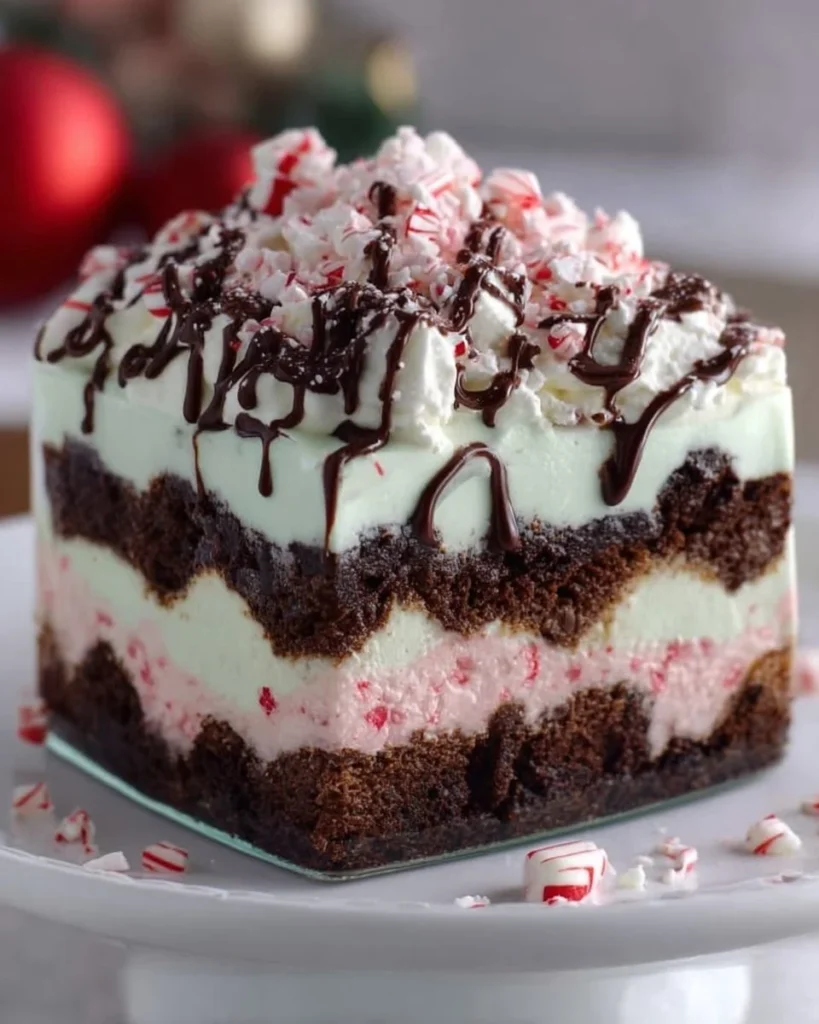 Delicious peppermint cheesecake brownie trifle layered with chocolate and cream cheese.