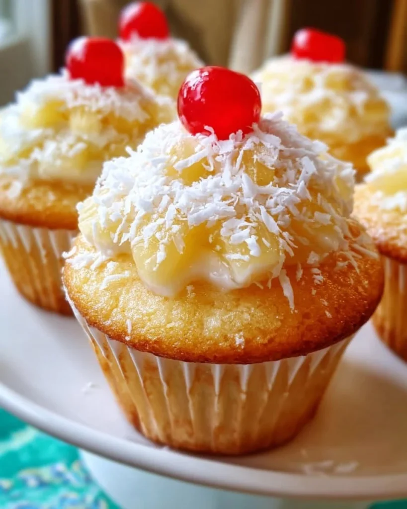 Delicious Pineapple Coconut Cupcakes topped with creamy frosting and fresh fruit