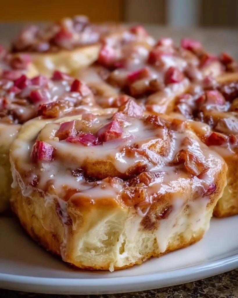 Deliciously baked rhubarb cinnamon rolls topped with icing and fresh rhubarb.
