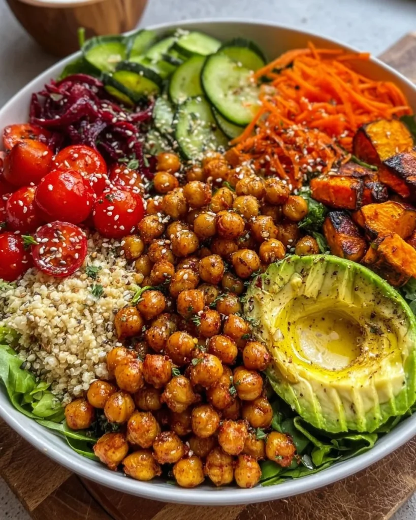 Colorful roasted chickpea salad bowl with fresh vegetables and dressing