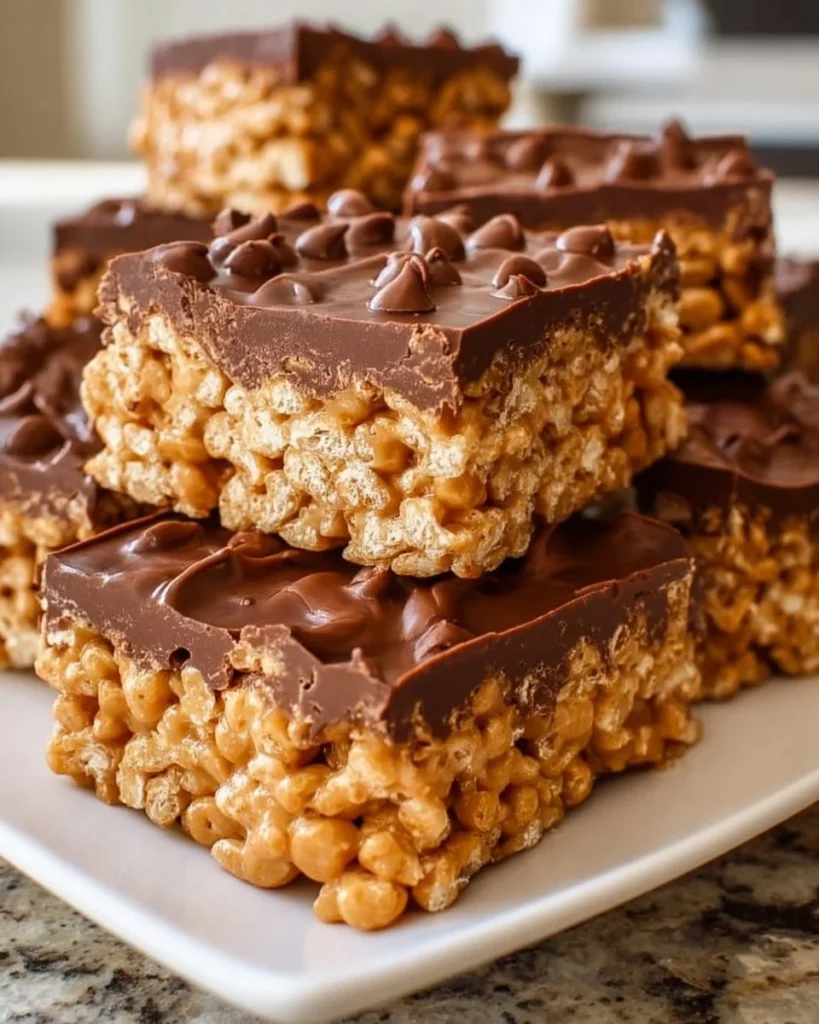 Delicious homemade Scotcheroos with chocolate and peanut butter topping on crispy rice.