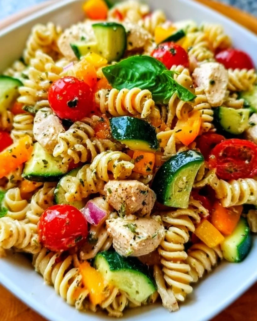 Healthy Skinny Italian Pasta Salad with fresh vegetables and herbs