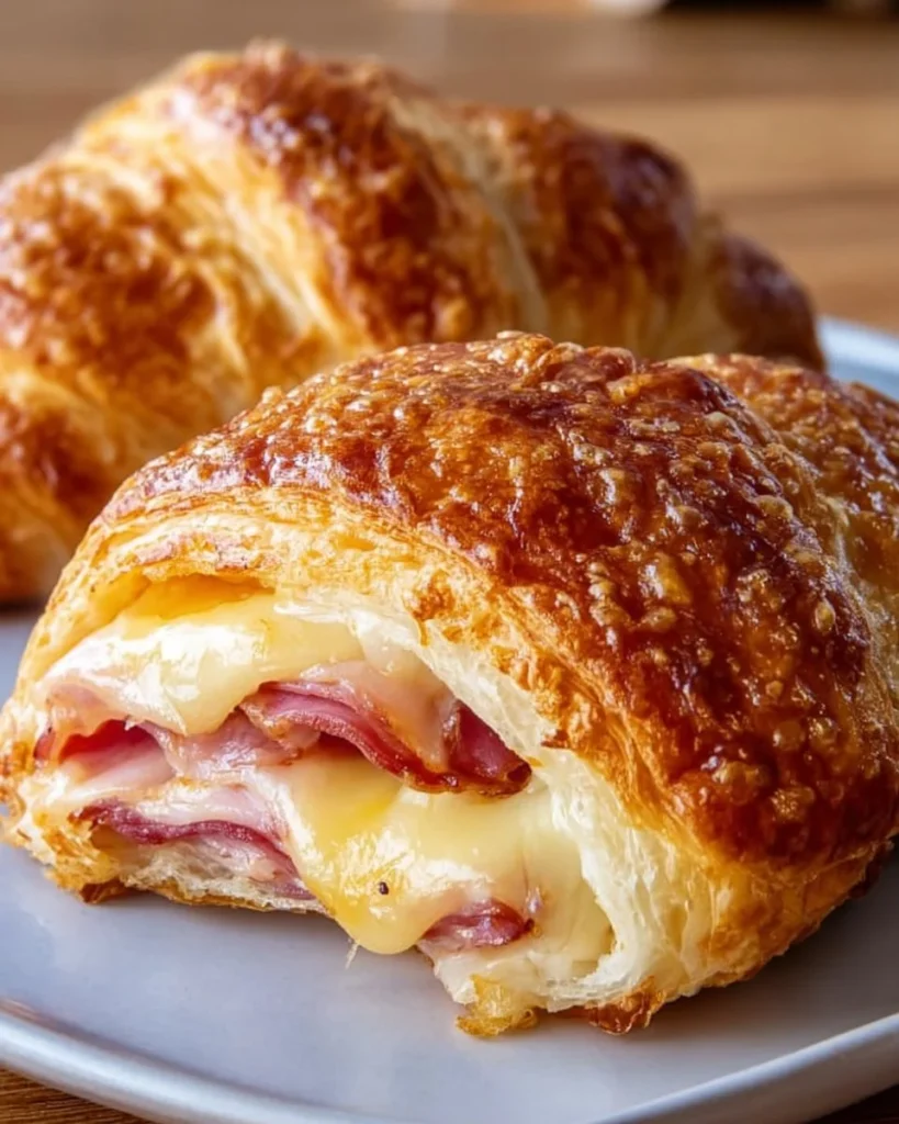 Freshly baked sourdough ham and cheese croissants on a wooden board