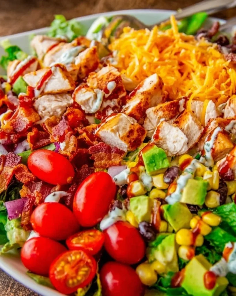 A colorful Southwest Cobb Salad with fresh ingredients like avocado, chicken, and beans.