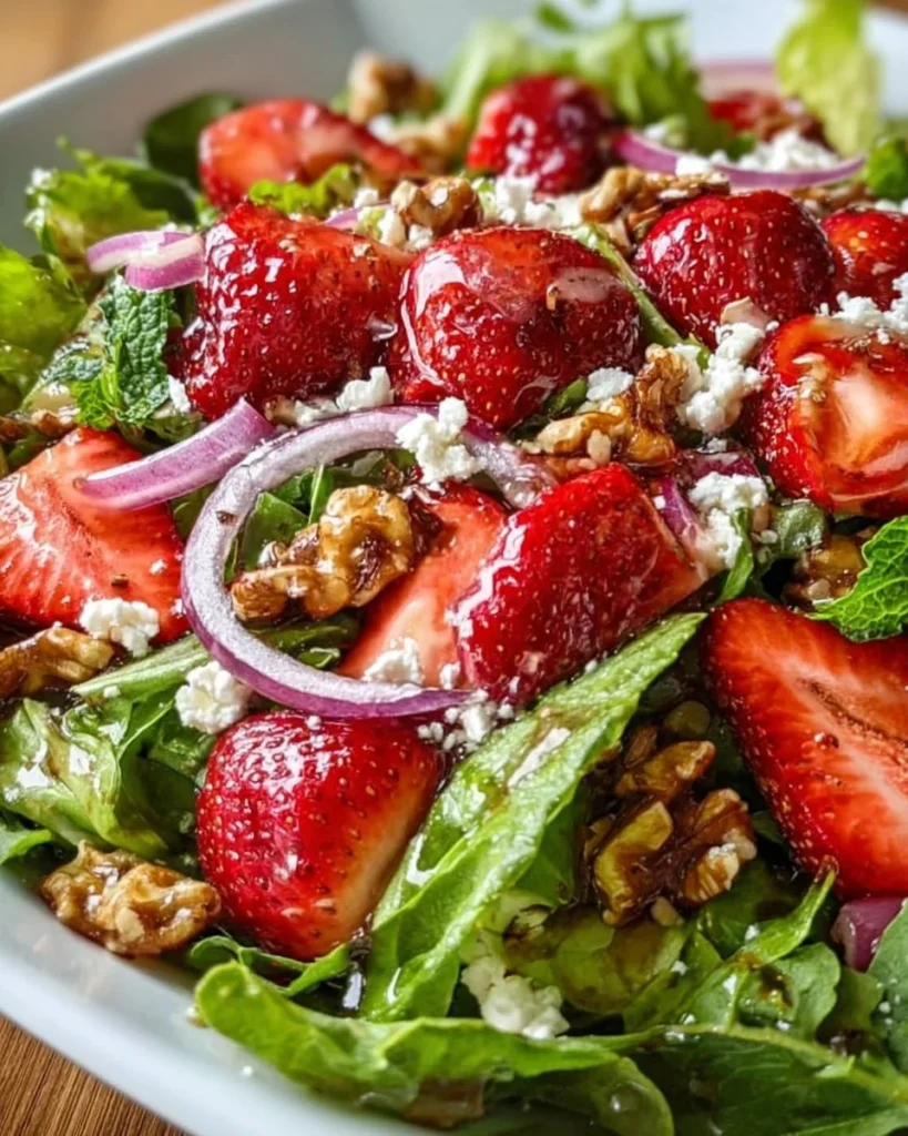 Delicious Spring Strawberry Walnut Crunch Salad with fresh strawberries and walnuts