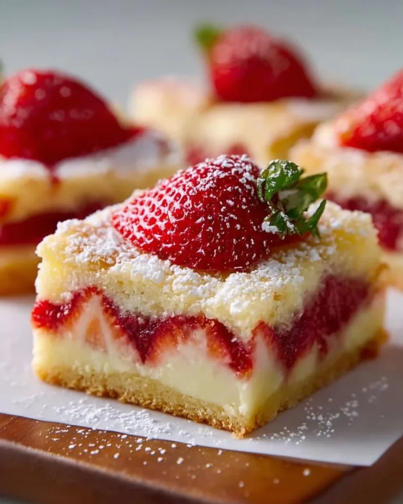 Delicious homemade strawberry custard bars on a plate with fresh strawberries