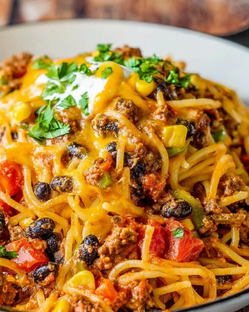 Delicious Taco Spaghetti Bake casserole topped with cheese and fresh herbs.