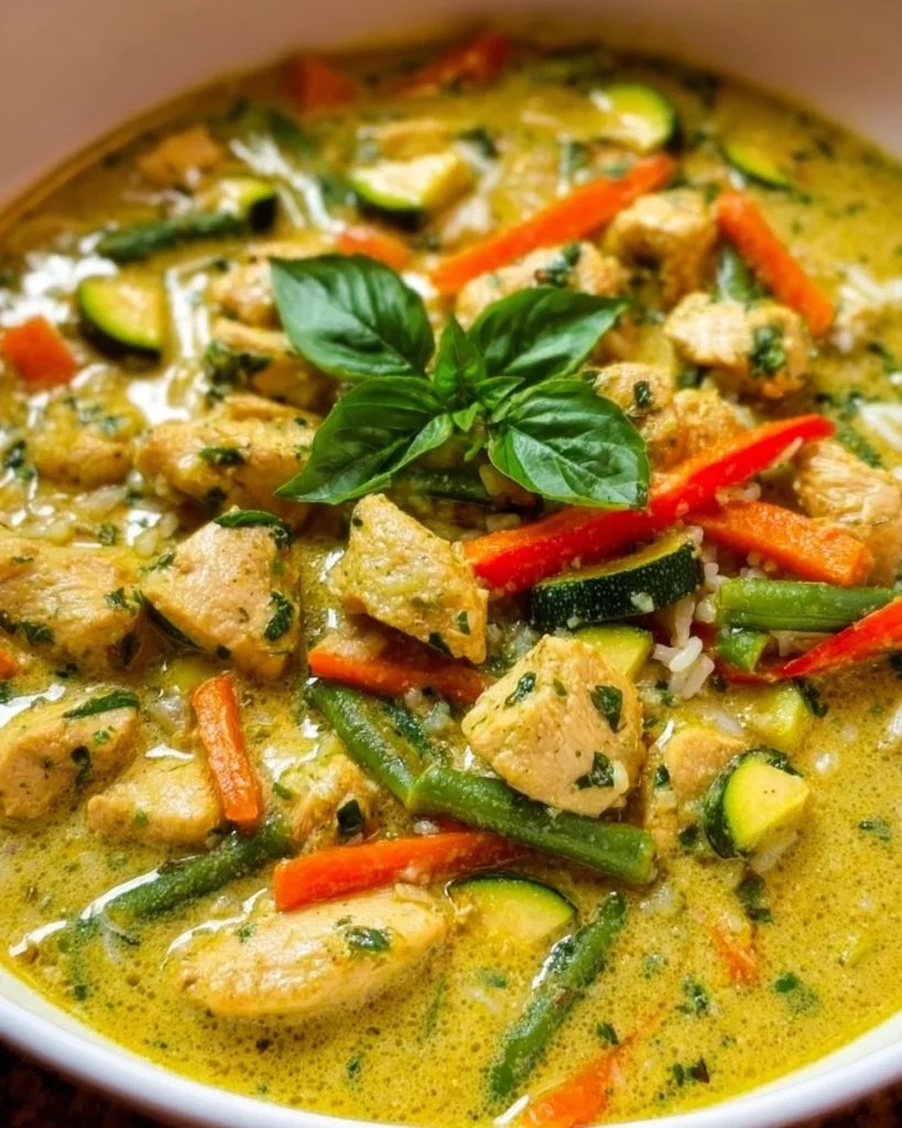 Delicious Thai green chicken curry served with rice and fresh herbs