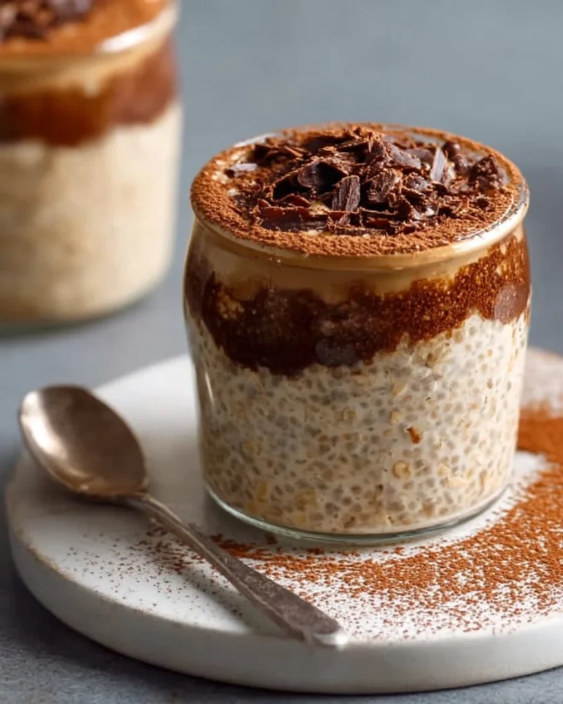 Tiramisu overnight oats topped with cocoa powder and coffee