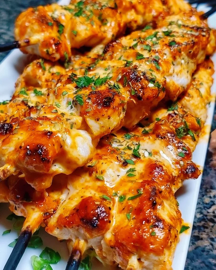 Bang Bang Chicken Skewers served on a platter with dipping sauce