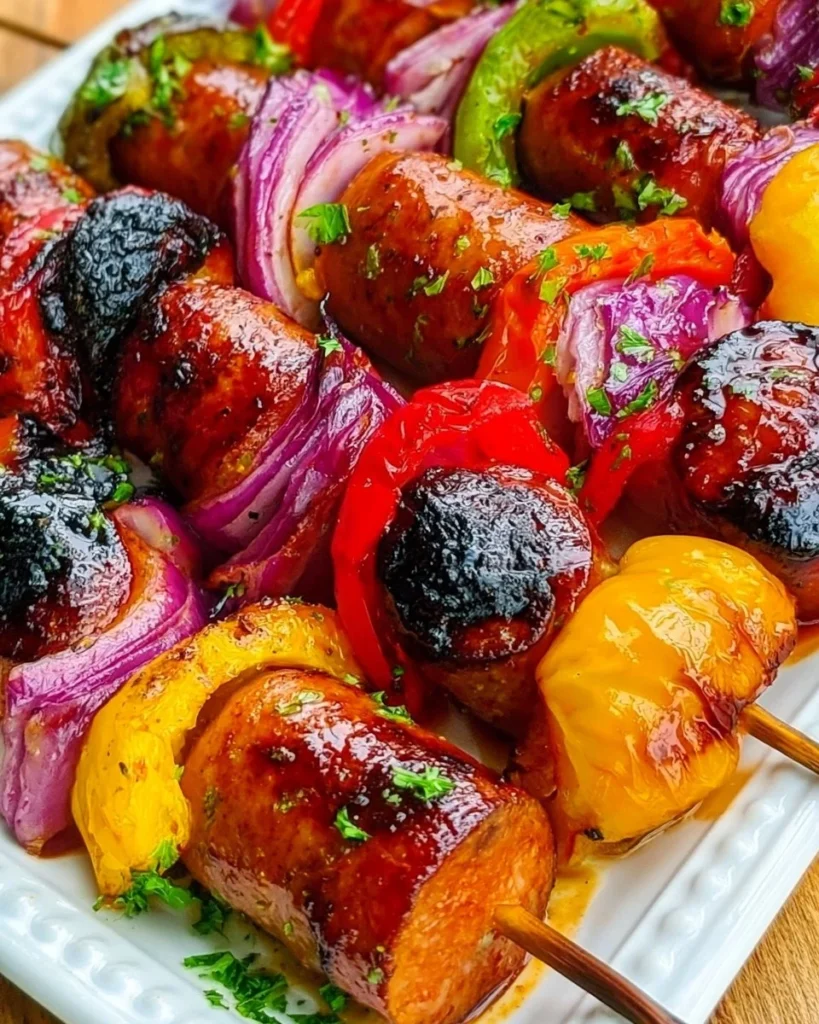 Barbecue sausage and veggie skewers ready to grill on a barbecue.