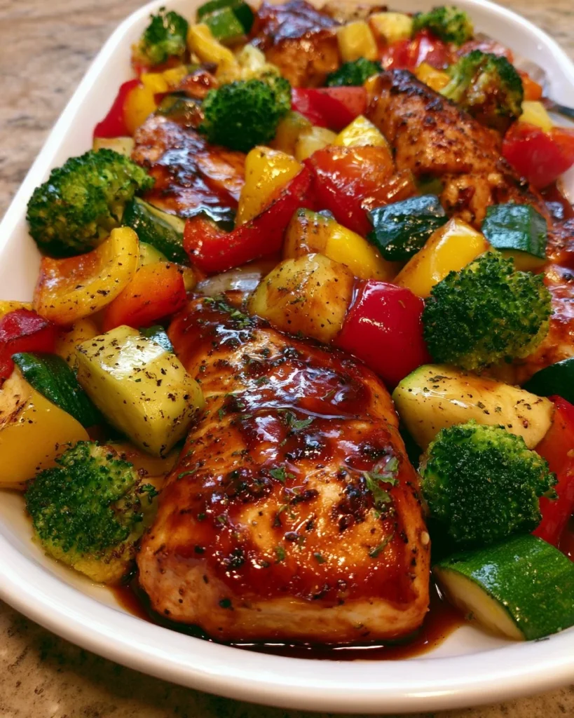 BBQ chicken foil pack meal with grilled vegetables and savory sauce