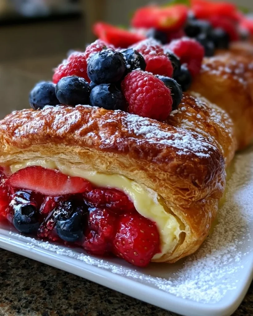 Delicious berry custard strudel with fresh berries and creamy custard inside flaky pastry