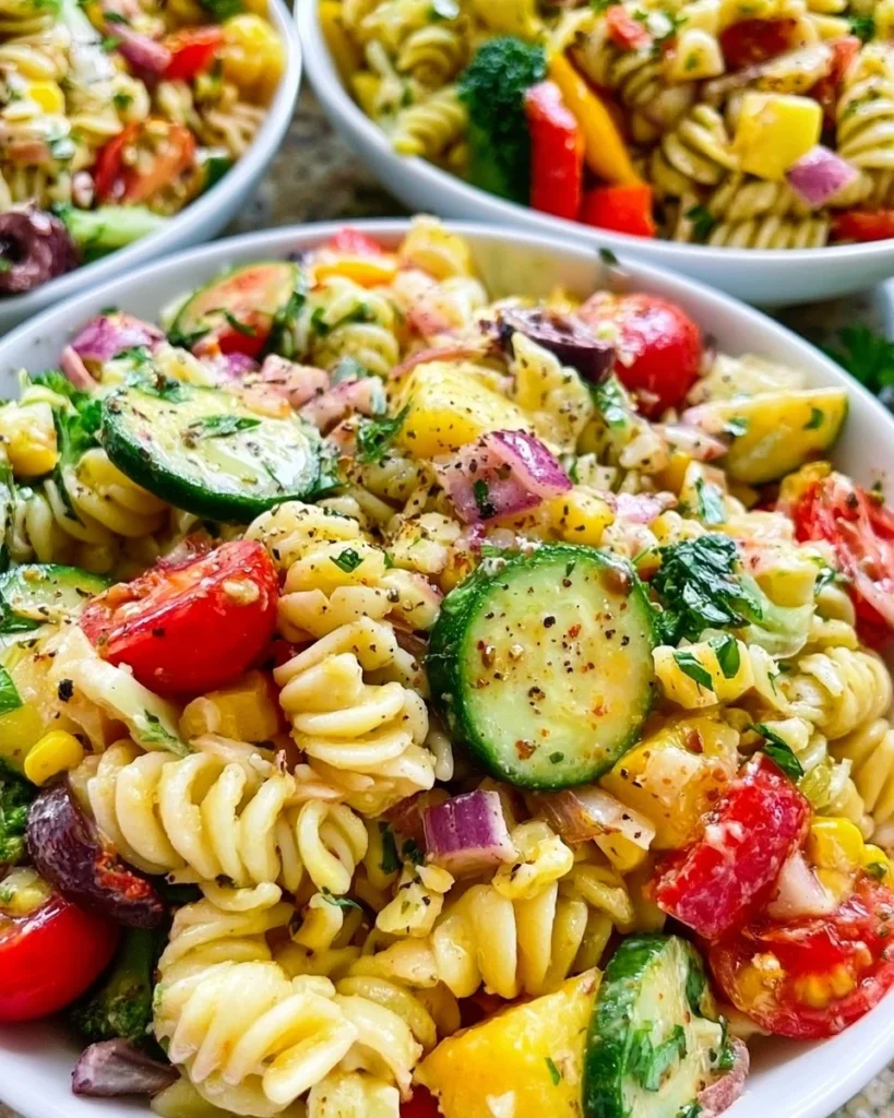 Delicious summer pasta salad with fresh vegetables and herbs