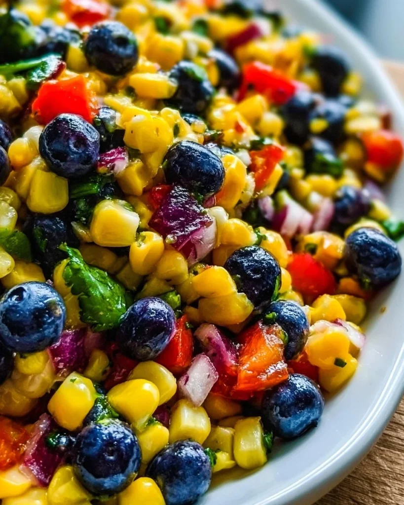A vibrant bowl of blueberry corn salsa with fresh ingredients